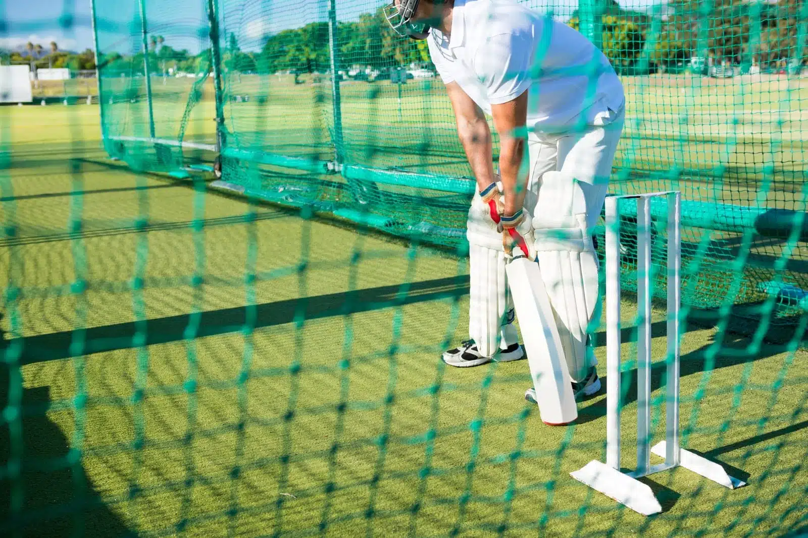 Cricket player practising in nets.